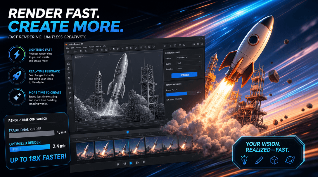 An engaging scene illustrating fast and efficient rendering, with dynamic visuals that emphasize speed and creativity in