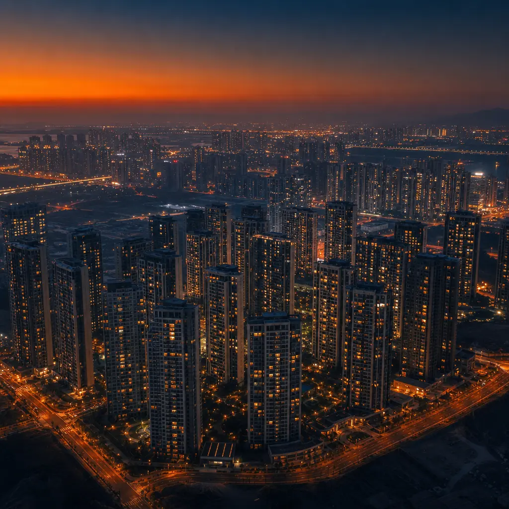Aerial view of a residential tower cluster at dusk, sky transitioning from deep orange at the horizon to dark navy overh