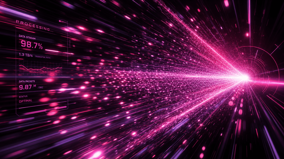 Fast-render processing visualization. Light particles flowing across dark space. Speed indicators through motion blur an