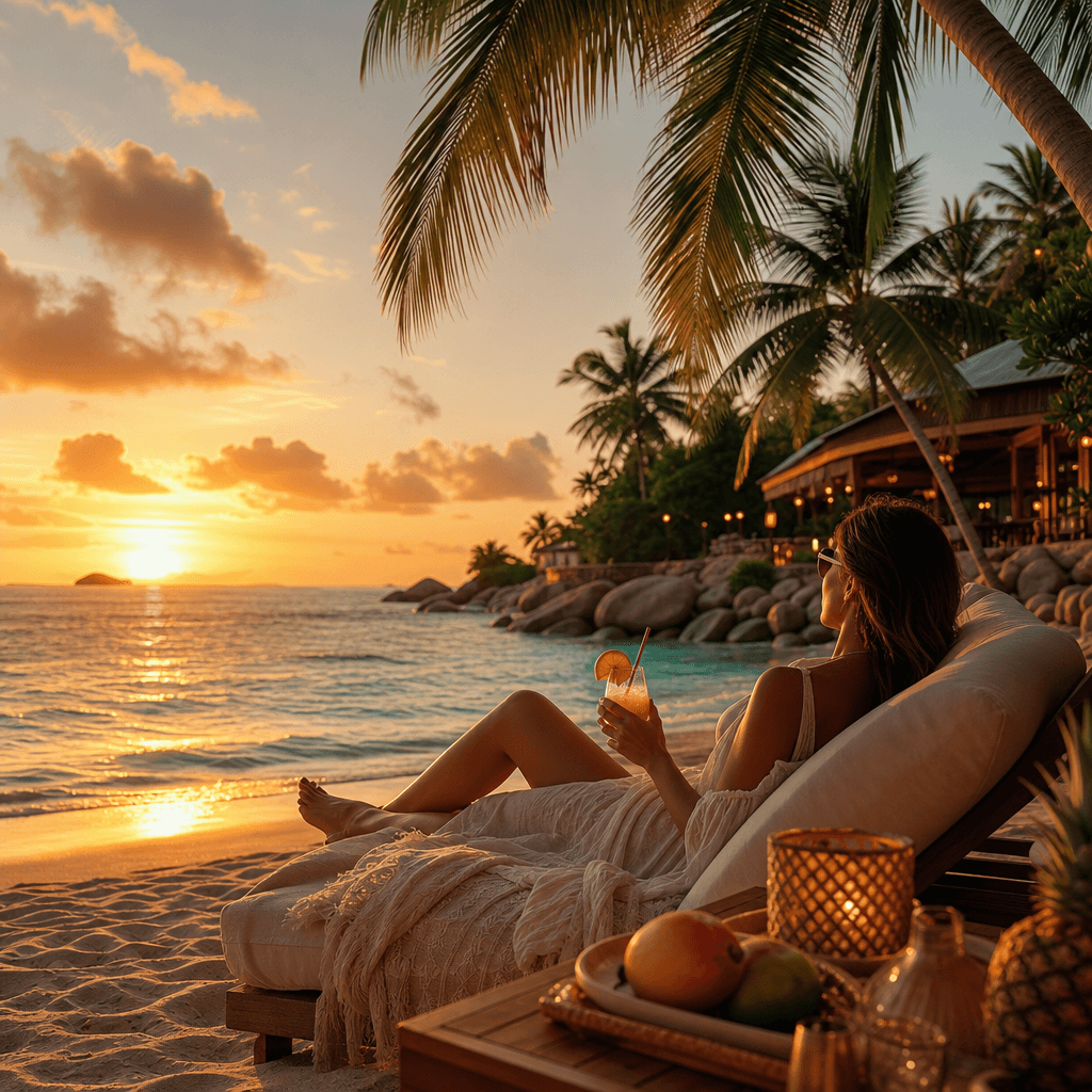 Tropical beach luxury: person relaxing on pristine sandy beach with turquoise water, sunset golden hour lighting, luxury