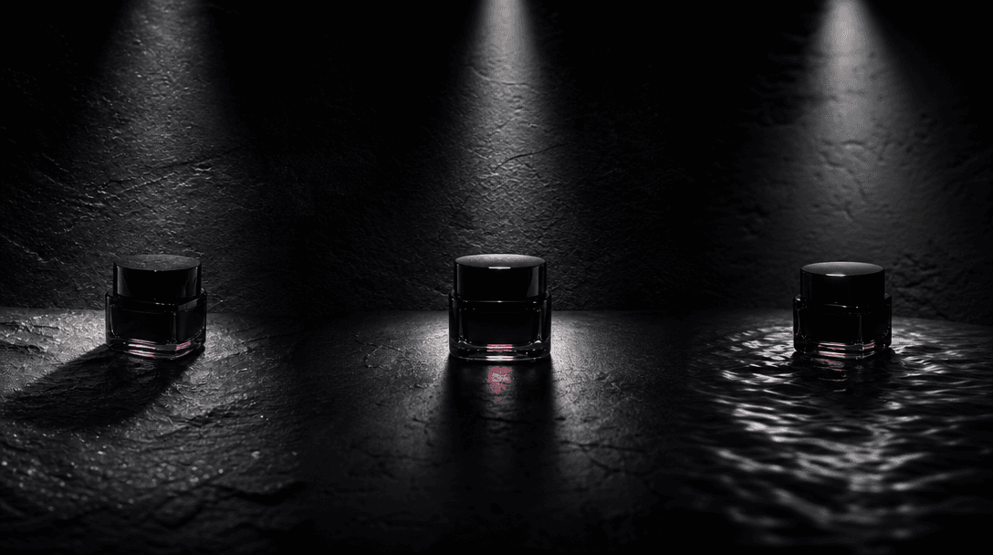 An atmospheric preproduction still life showing one beauty product under three distinct beams of studio light across a d