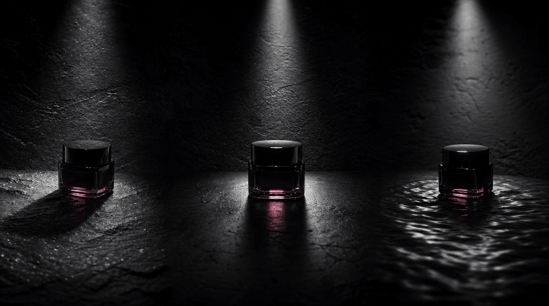 An atmospheric preproduction still life showing one beauty product under three distinct beams of studio light across a d