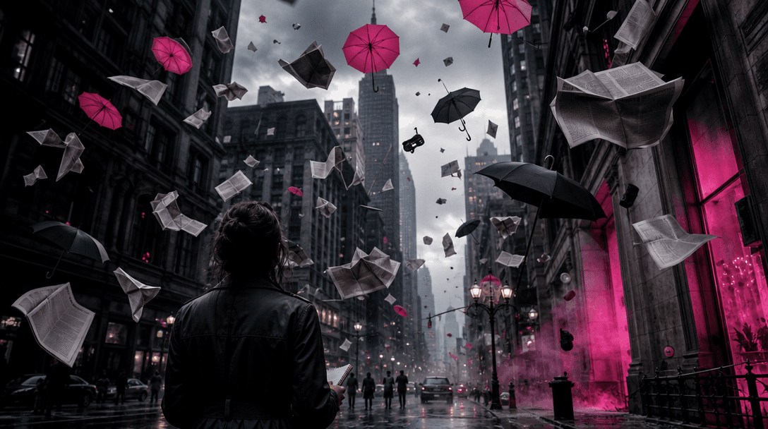 A surreal fictional headline visualized as a city street where gravity has reversed for umbrellas, newspapers without re