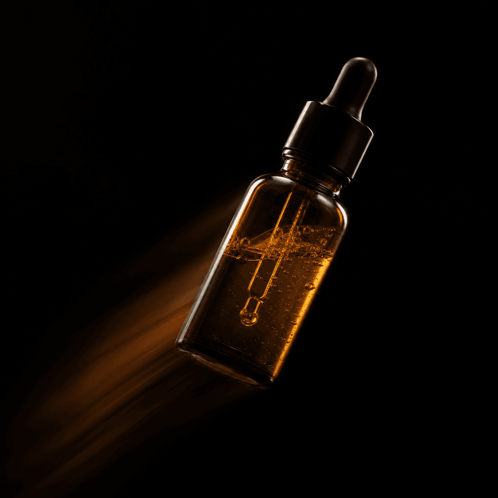 A premium skincare serum in a dark amber glass dropper bottle caught mid-flight, against near-black. Soft lateral studio
