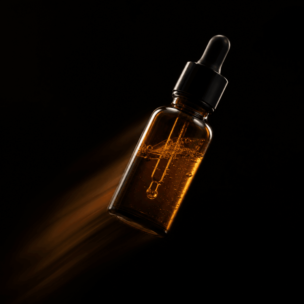 A premium skincare serum in a dark amber glass dropper bottle caught mid-flight, against near-black. Soft lateral studio