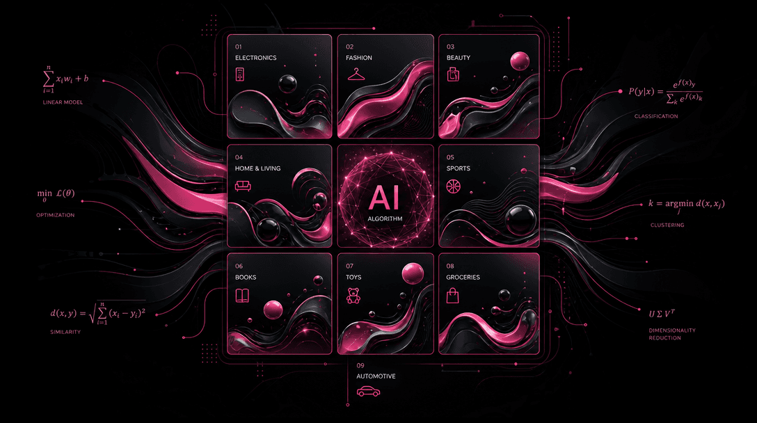 Abstract 3x3 grid structure with flowing liquid design elements filling squares, representing AI algorithm organizing pr