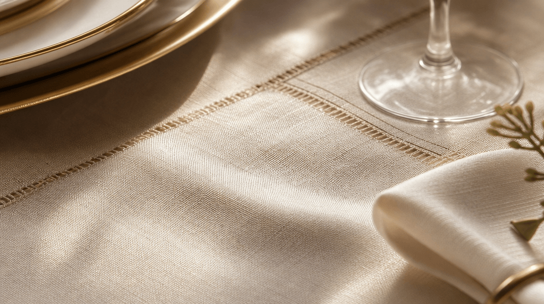 Luxury textile detail of fine table linen with subtle weave texture, soft shadow play across fabric, warm ambient lighti