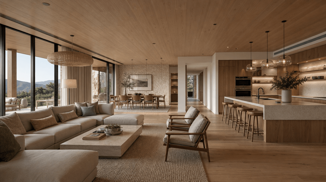 Wide-angle architectural perspective of an open-plan family home, natural light flooding through floor-to-ceiling window