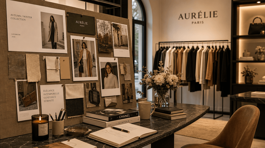 Boutique storefront or fashion brand workspace with mood board showing styled lookbook pages, warm ambient lighting, cre