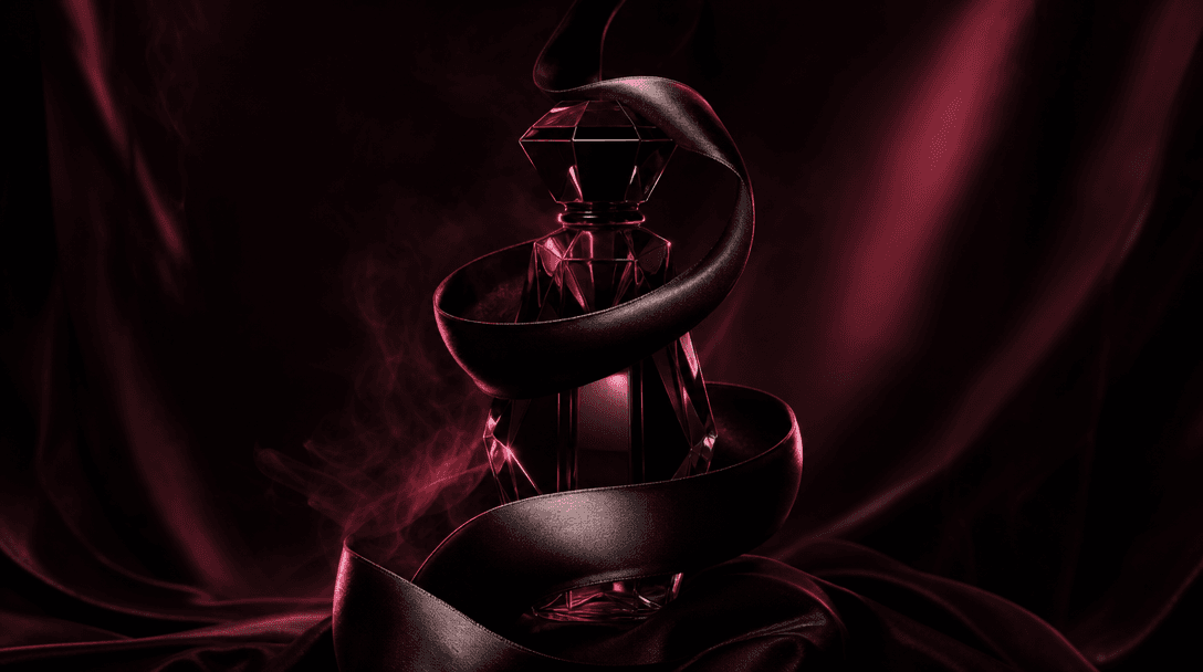 An abstract serpent-like ribbon of black satin curling around a faceted crystal bottle silhouette, dark editorial enviro