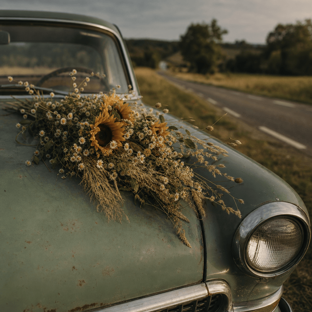 A loose bouquet of sunflowers, chamomile, and golden grasses resting on the hood of a weathered sage-green classic car b