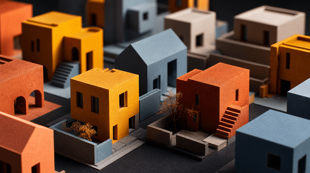 Close-up of a miniature architectural model colour palette — tiny model buildings in vivid saturated yellows, terracotta