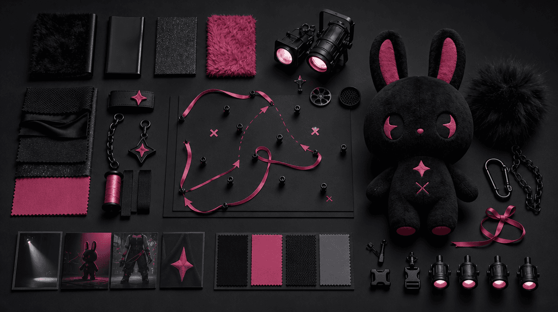 An abstract preproduction concept represented by neatly arranged product reference objects, fabric swatches, miniature s