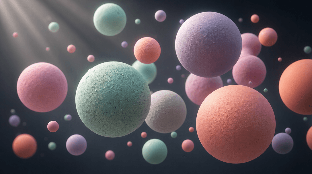 Floating volumetric spheres in varied pastel colors—mint, coral, lavender, rose—arranged in three-dimensional space. Sof