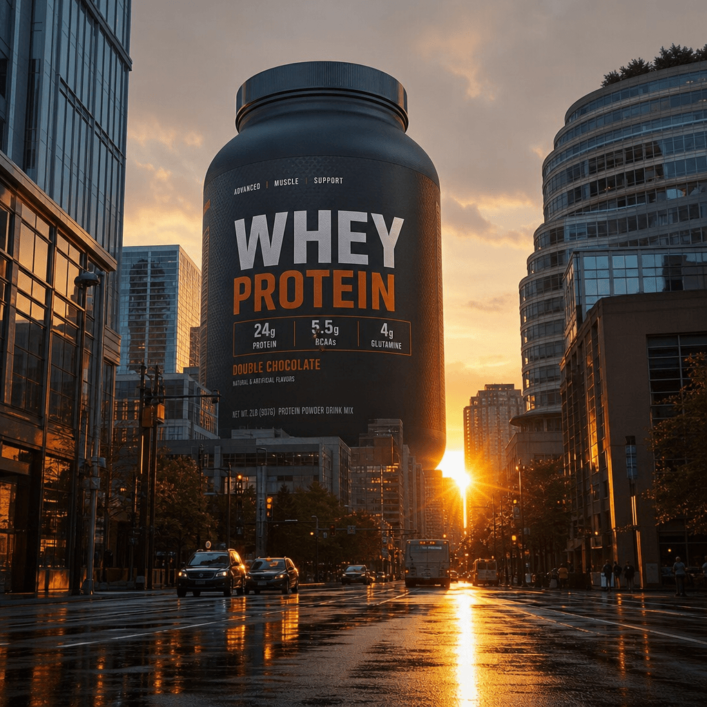 Giant protein powder container rising above downtown buildings, warm sunset lighting casting long shadows, realistic ref