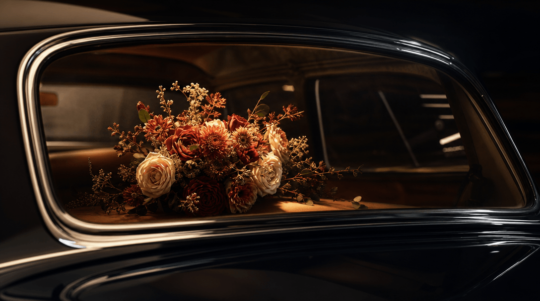 A bouquet silhouette framed by curved vintage-car glass and reflective chrome, with the flowers caught in a precise pool