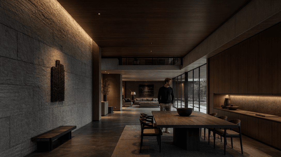 Wide-angle architectural interior with strong perspective lines and visible ceiling geometry. A single person stands in
