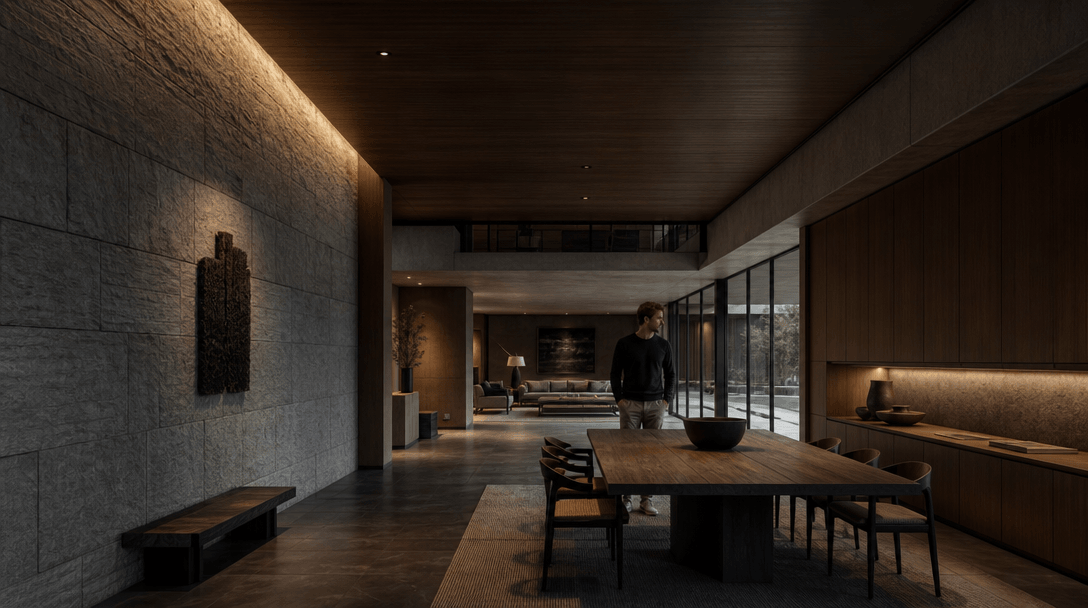 Wide-angle architectural interior with strong perspective lines and visible ceiling geometry. A single person stands in