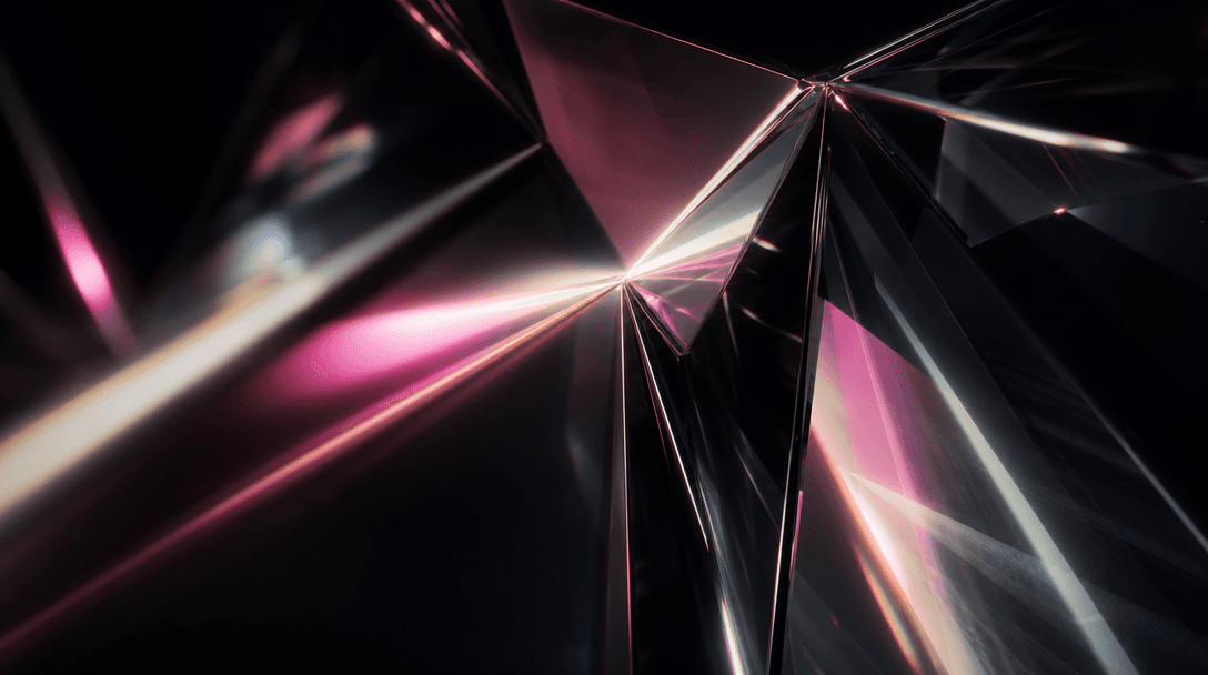 Close-up of light refracting through dark glass and polished surfaces — sharp prismatic pink and off-white reflections o