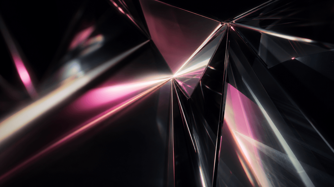 Close-up of light refracting through dark glass and polished surfaces — sharp prismatic pink and off-white reflections o