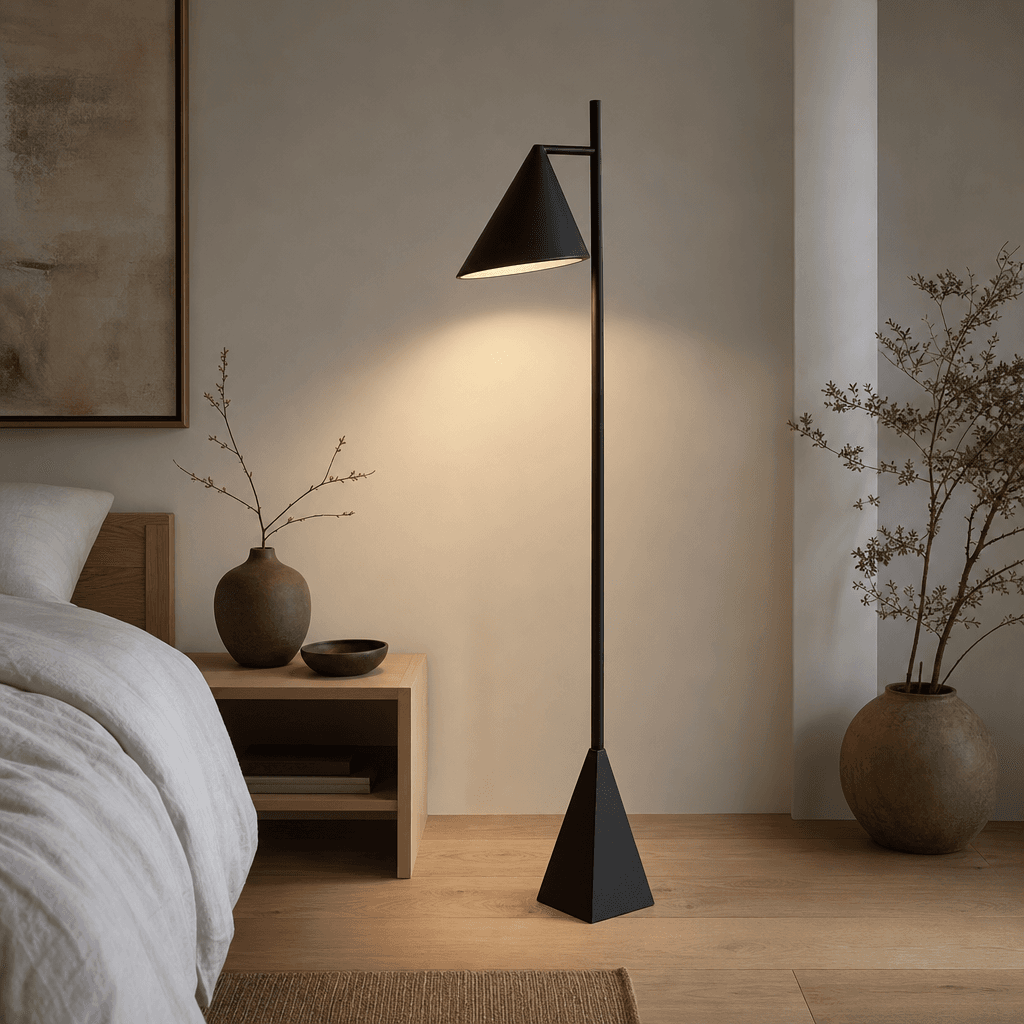 A matte black geometric floor lamp standing in a Japandi-style bedroom. Pale oak hardwood floor, white linen bedding bar