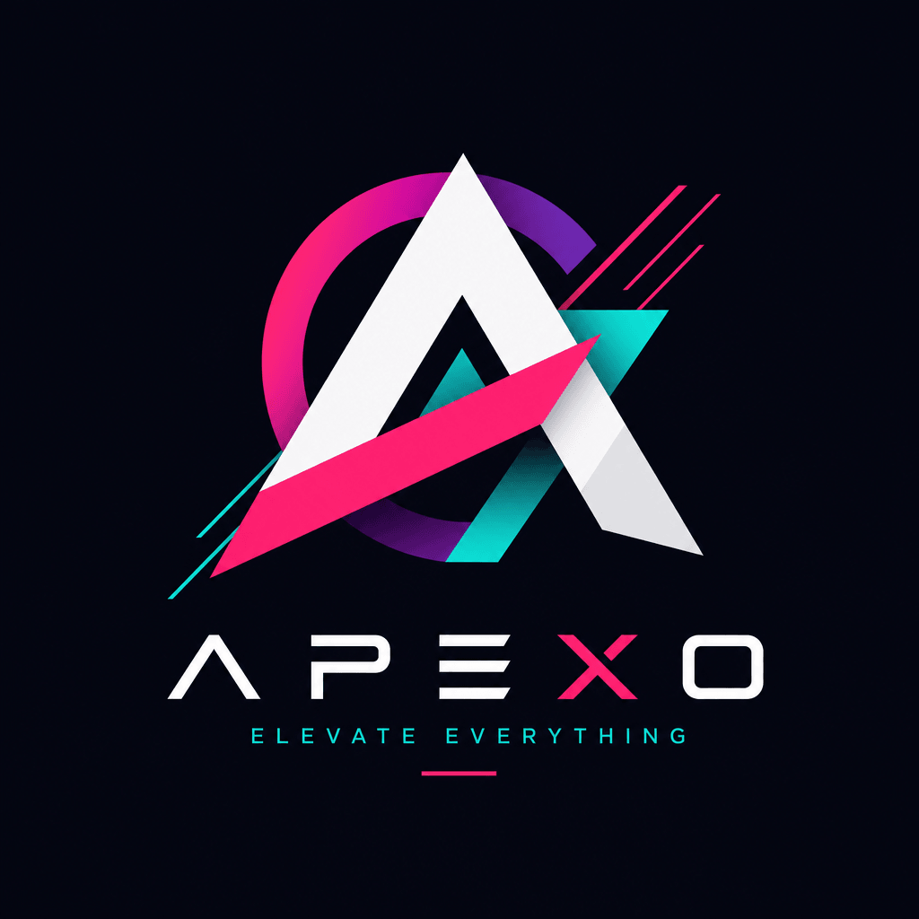 Modern vector logo with layered geometric elements, vibrant color palette with hot pink accents, dynamic visual composit