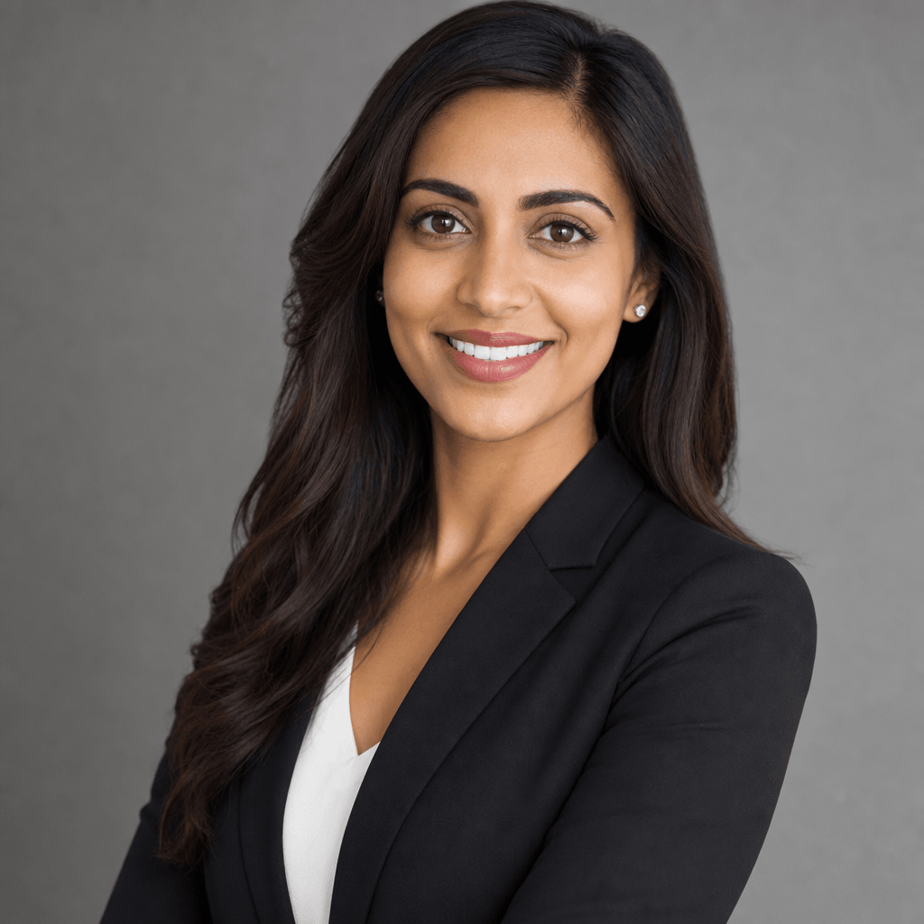 Professional executive headshot with soft studio lighting, clean neutral background, polished corporate aesthetic, crisp