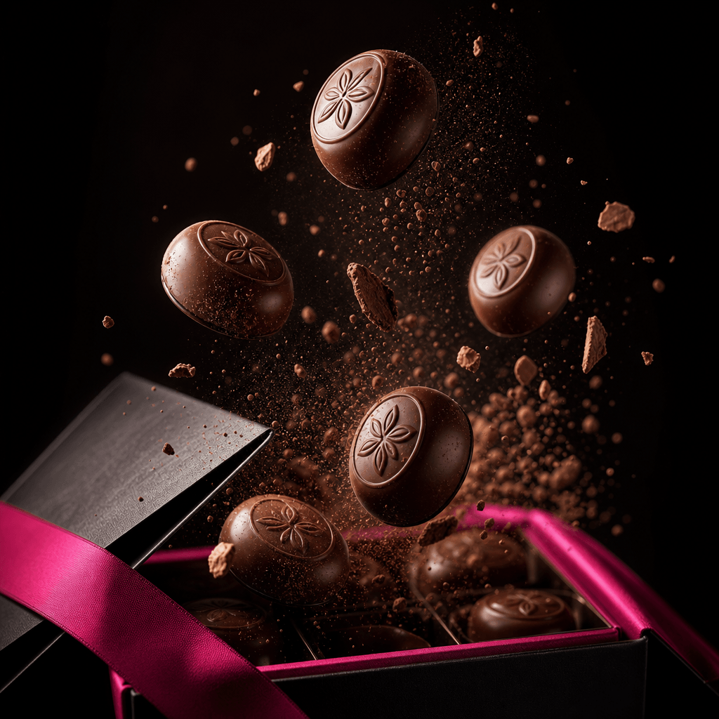 Artistic confectionery campaign image featuring logo-stamped chocolates suspended above an open luxury gift box with tin