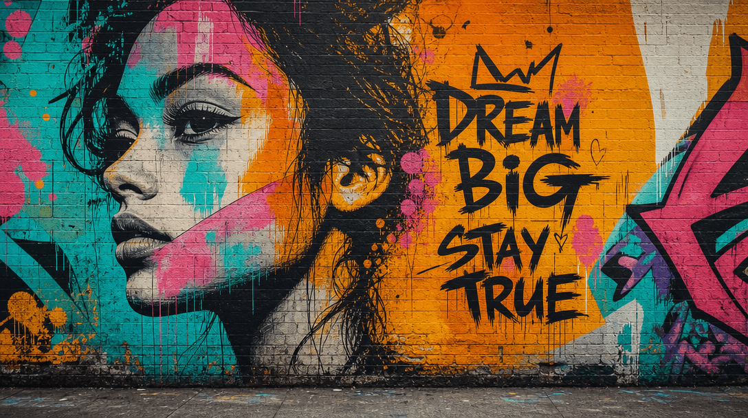 Graffiti and artistic urban wall textures. Street art aesthetic. Bold colors and creative urban expressions.