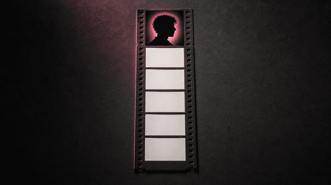 Six blank photographic frames emerging sequentially from a single illuminated portrait silhouette, arranged as one verti