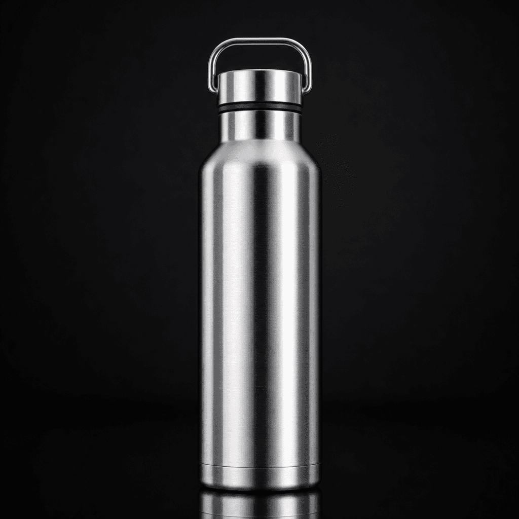 Rotating stainless steel sports water bottle with metallic brushed finish reflecting studio key lights, smooth 360-degre