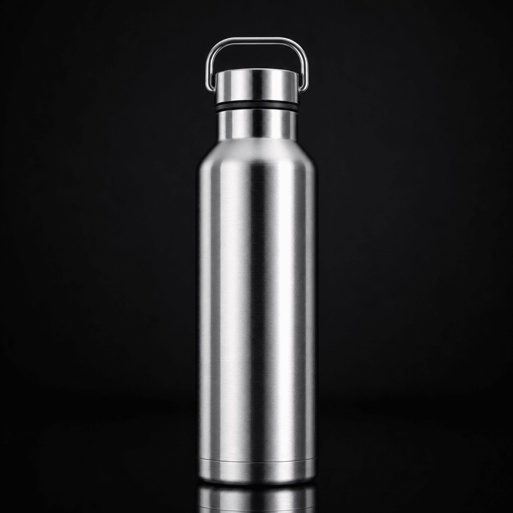Rotating stainless steel sports water bottle with metallic brushed finish reflecting studio key lights, smooth 360-degre
