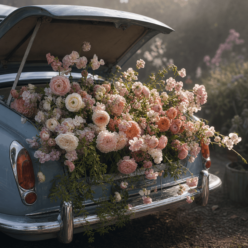 A pastel spring bouquet of ranunculus, sweet peas, and garden roses spilling gently from the open trunk of a powder-blue