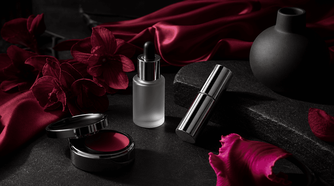 A study of contrasting beauty materials: luminous silk, frosted glass, polished chrome, and matte ceramic arranged acros