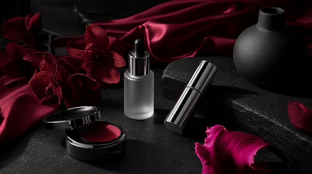 A study of contrasting beauty materials: luminous silk, frosted glass, polished chrome, and matte ceramic arranged acros