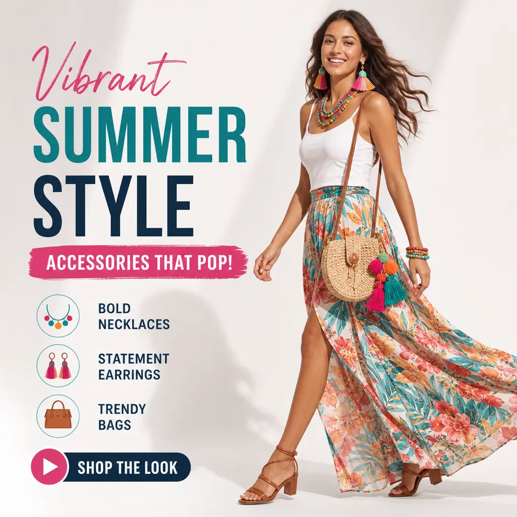 Ecommerce fashion video thumbnail. Model wearing vibrant colorful accessories and stylish outfit walking in studio setti