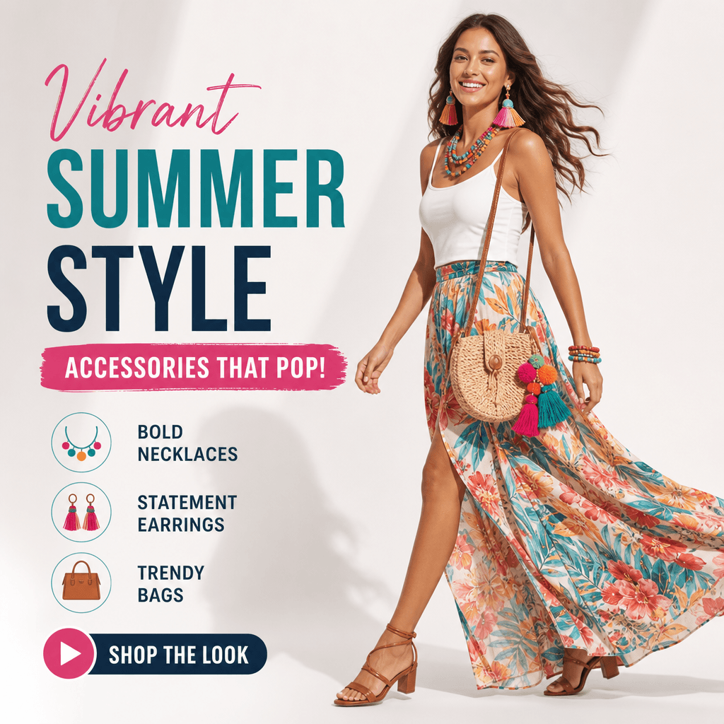 Ecommerce fashion video thumbnail. Model wearing vibrant colorful accessories and stylish outfit walking in studio setti