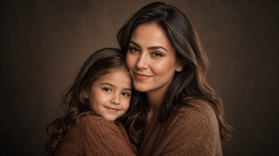 Professional studio portrait lighting setup aesthetic. Soft warm light creating flattering shadows, professional backdro