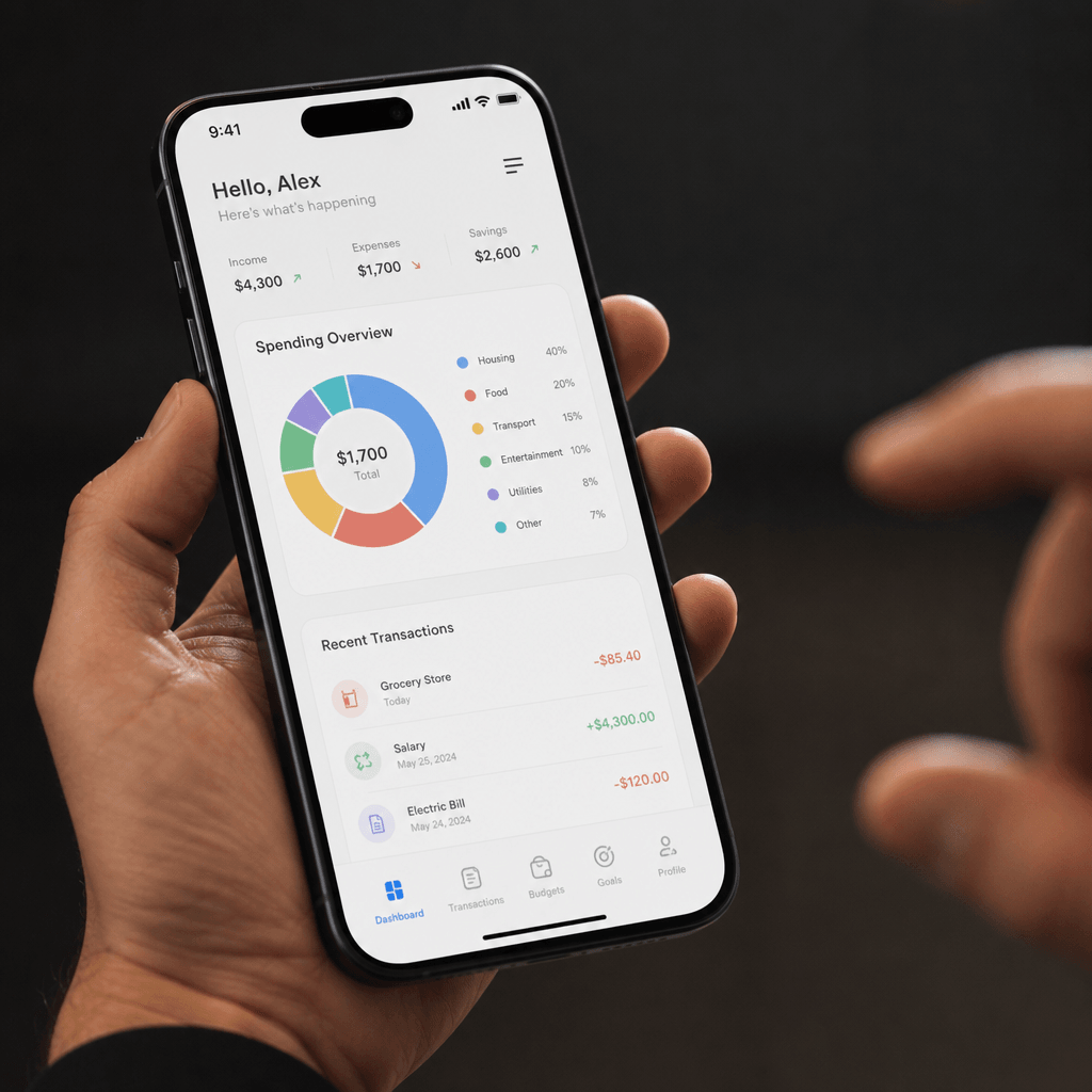 Close-up of realistic smartphone held at angle showing clean app dashboard interface. Warm natural studio lighting illum