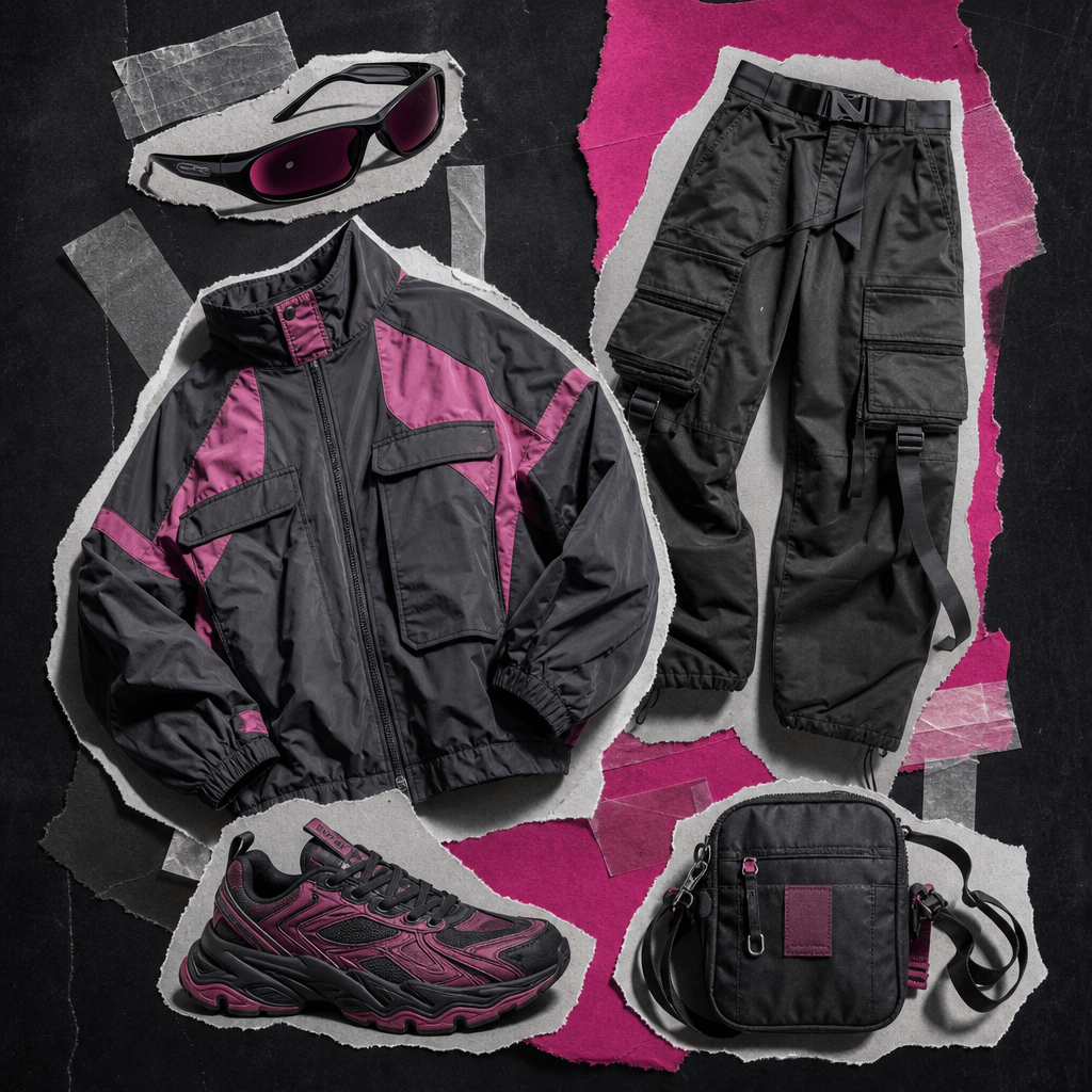 Scrapbook fashion board featuring a vibrant streetwear outfit separated into cutout sneakers, oversized jacket, cargo tr