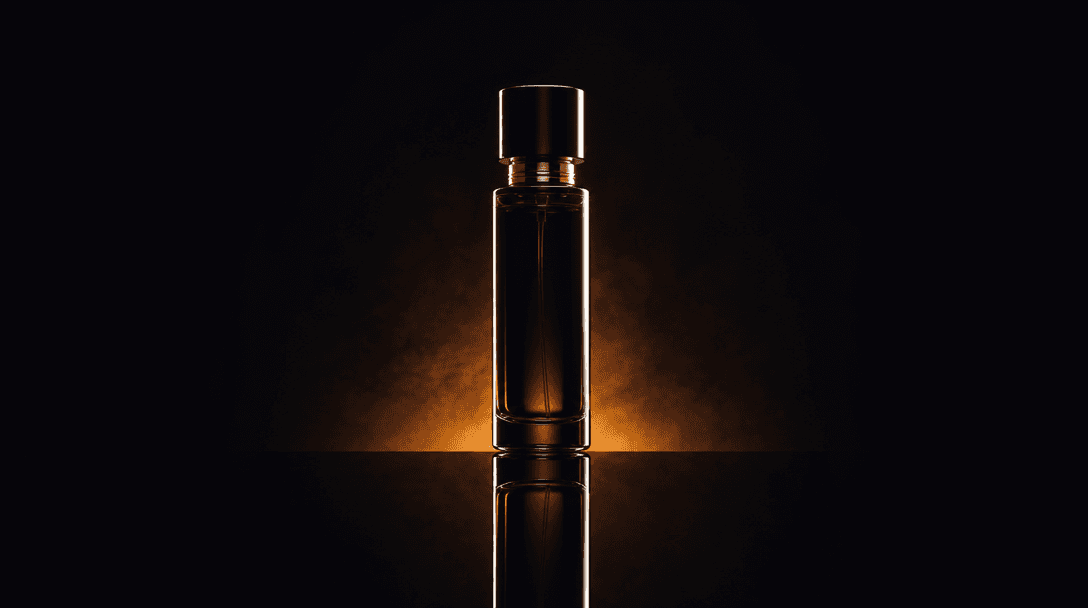 Dark editorial studio still-life: a tall luxury product bottle centered above a perfectly reflective black lacquered sur