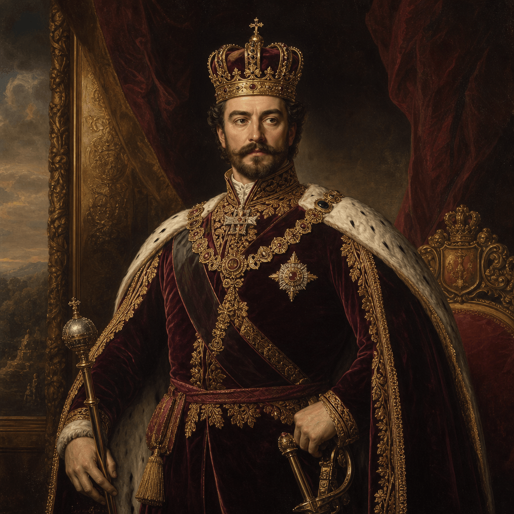 Aristocratic royal figure in formal crowned regalia and ornate formal wear, classical portrait painting style, sophistic