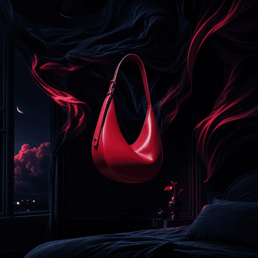 A sculptural red handbag suspended inside an impossible midnight bedroom where fabric folds flow upward like clouds. The