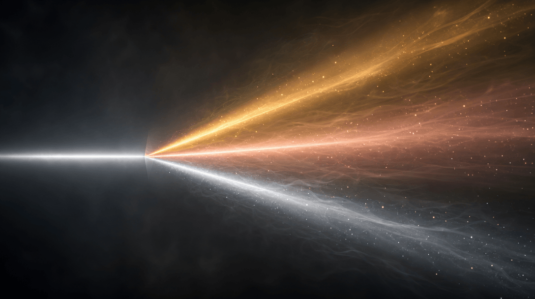 Abstract visualization of a single beam of white light entering a dark space and splitting into three distinct warm colo