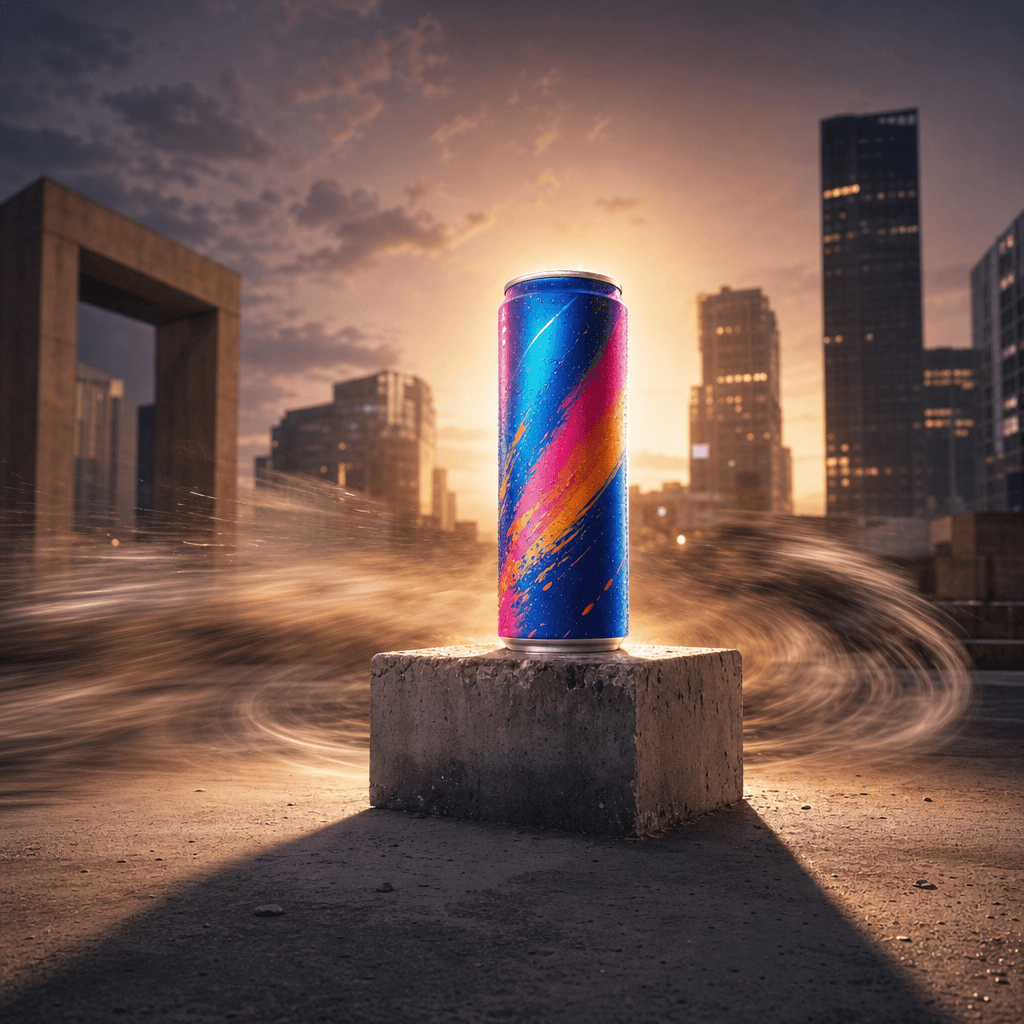 Action reveal climax: a vibrant energy drink can standing upright on a rough concrete pedestal in an urban plaza at dusk