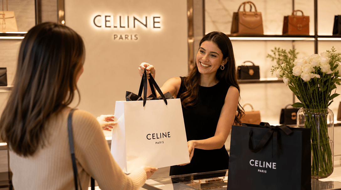 Luxury retail boutique environment with branded shopping bags, professional store lighting, high-end brand aesthetic, cu