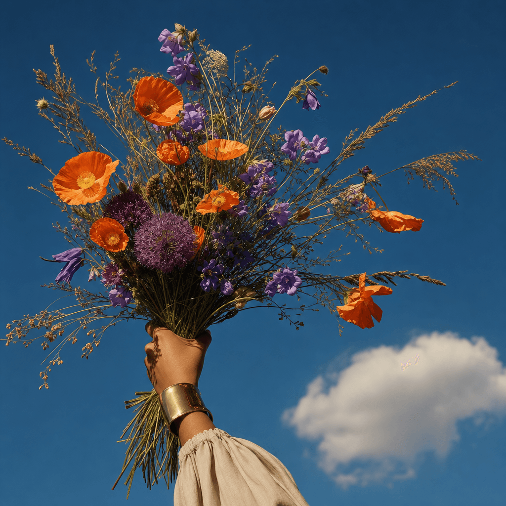 A vibrant wildflower bouquet with orange poppies, violet blossoms, and textured grasses held high beneath a blue sky wit