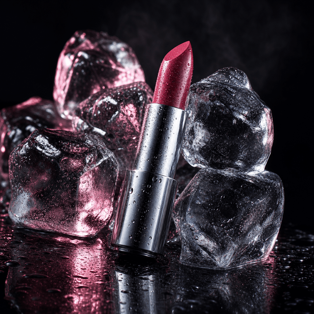 A sleek metallic lipstick tube resting between translucent ice cubes, rich cosmetic color visible at the tip, wet reflec