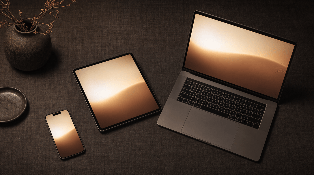 Wide editorial flat-lay. Multiple device forms — a smartphone, a compact tablet, and a small laptop — arranged on a dark