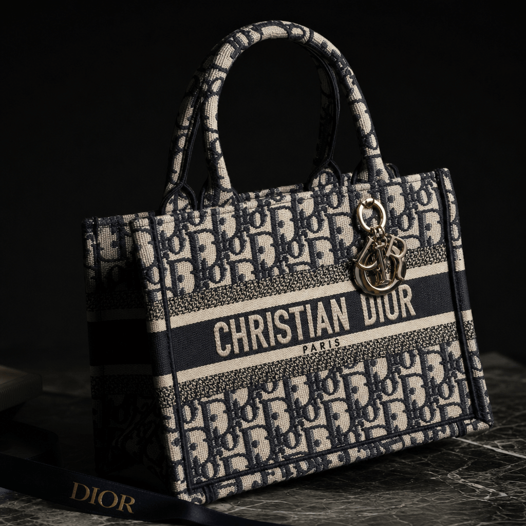 Designer handbag with soft directional lighting, dark background, luxury brand photography, fabric material texture visi